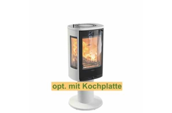 Kaminofen Contura 886G Style auf Säulenpodest Korpus weiß Abdeckung Aluminium Glasfront Lagersale