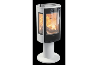 Kaminofen Contura 886G Style auf Säulenpodest Korpus weiß Glastop Glasfront