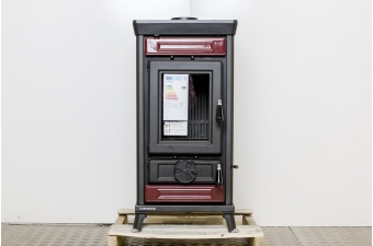 Kaminofen Thermorossi Sofia Evo (Höhe 91 cm) Maiolica bordeaux mit Kochplatte für Notfälle Lagersale