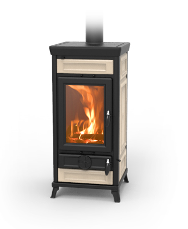 Kaminofen Thermorossi Vittoria Evo (Höhe 109 cm) Maiolica beige-ahornweiß mit Kochplatte für Notfälle Wintersale