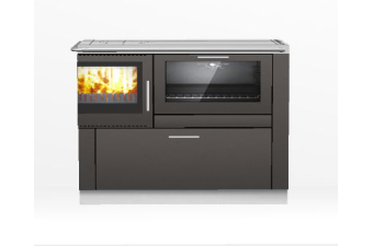 Tischherd Pertinger 110 Ökoalpin Living Panorama Naturstahl Anschluss rechts oben Breite 120 cm Maßanfertigung Kochinselversion